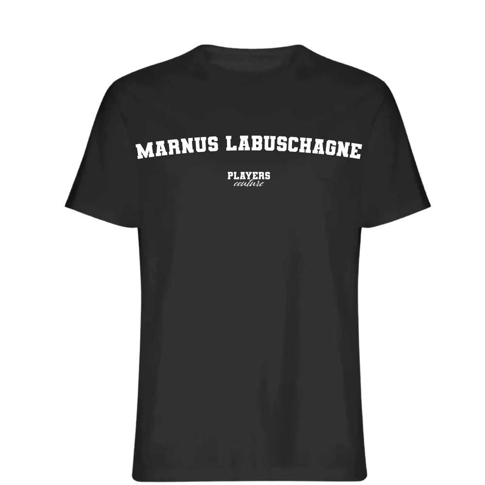 Marnus Labuschagne t-shirt – black men's t-shirt with white Marnus Labuschagne letters and Players Couture logo on the chest