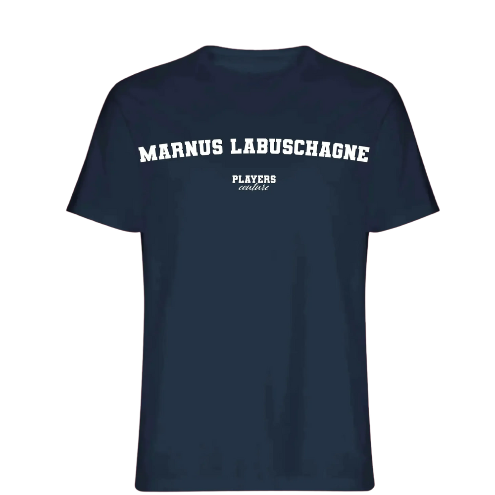 Marnus Labuschagne t-shirt – navy men's t-shirt with white Marnus Labuschagne letters and Players Couture logo on the chest