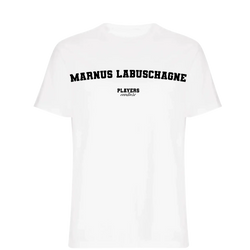 Marnus Labuschagne t-shirt – white men's t-shirt with black Marnus Labuschagne letters and Players Couture logo on the chest