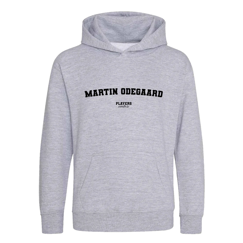 Martin Odegaard hoodie – grey kids' hoodie with black Martin Odegaard letters and Players Couture logo on the chest
