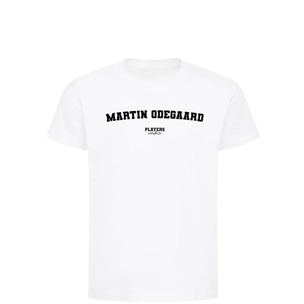 Martin Odegaard t-shirt – white kids' t-shirt with black Martin Odegaard letters and Players Couture logo on the chest