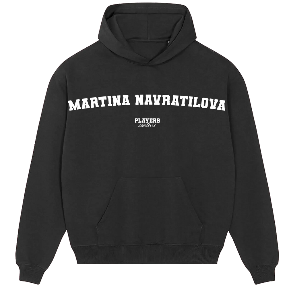 Martina Navratilova hoodie – black men's hoodie with white Martina Navratilova letters and Players Couture logo on the chest