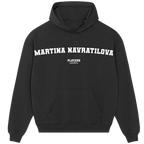 Martina Navratilova hoodie – black men's hoodie with white Martina Navratilova letters and Players Couture logo on the chest