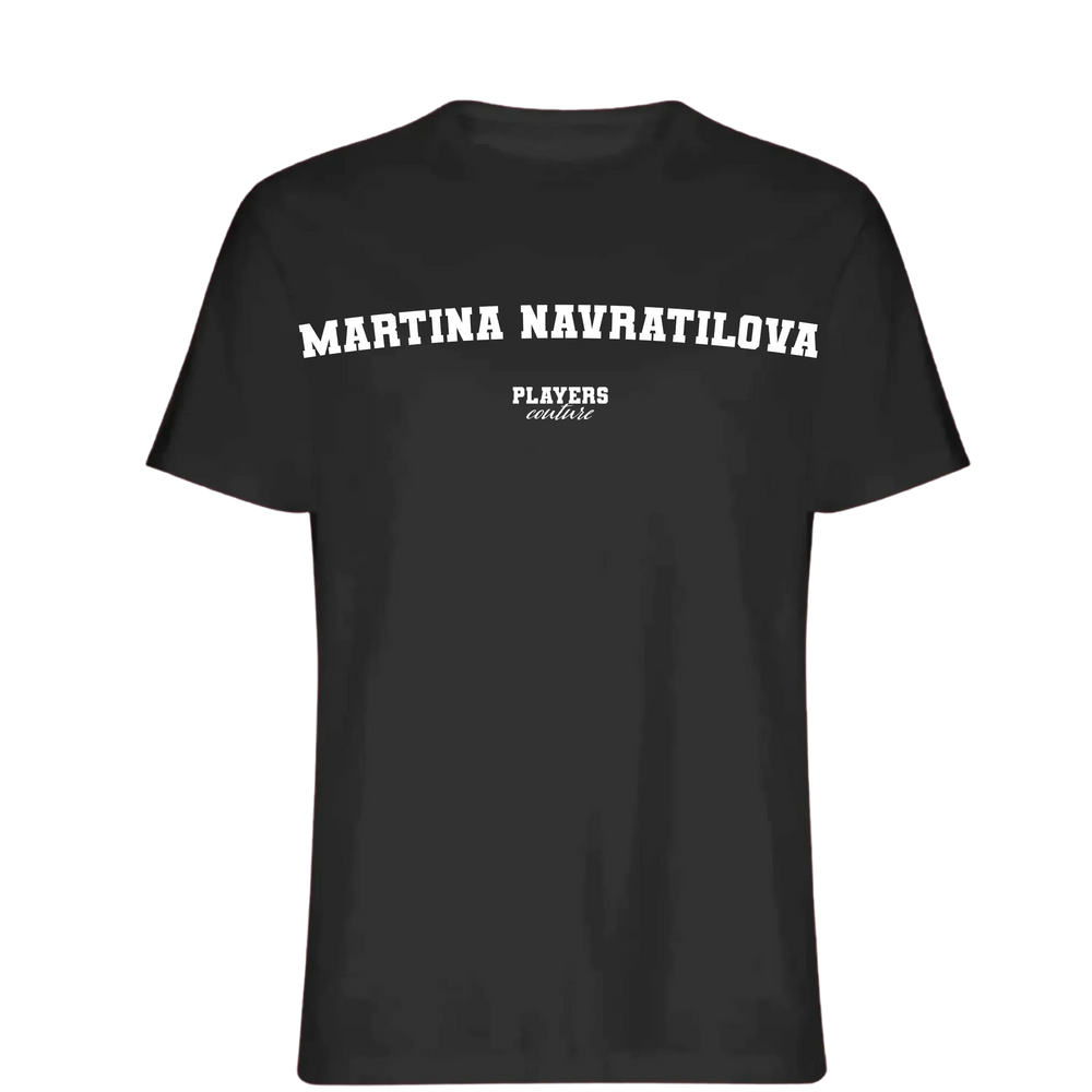 Martina Navratilova t-shirt – black men's t-shirt with white Martina Navratilova letters and Players Couture logo on the