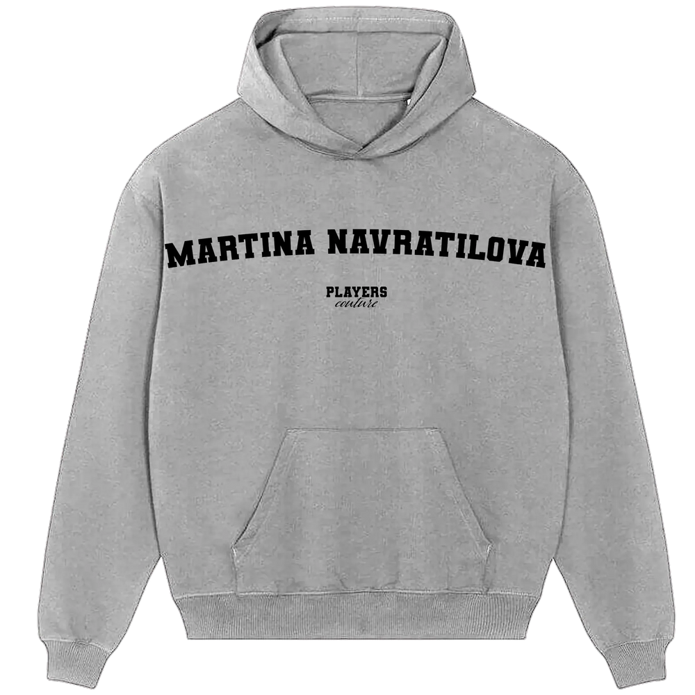 Martina Navratilova hoodie – grey men's hoodie with black Martina Navratilova letters and Players Couture logo on the chest
