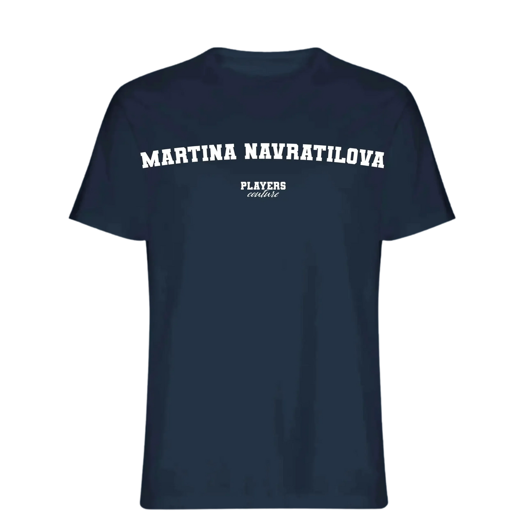 Martina Navratilova t-shirt – navy men's t-shirt with white Martina Navratilova letters and Players Couture logo on the chest