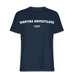 Martina Navratilova t-shirt – navy men's t-shirt with white Martina Navratilova letters and Players Couture logo on the chest