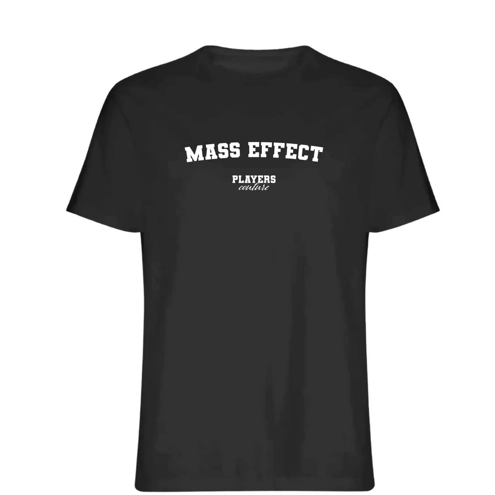 Mass Effect t-shirt – black men's t-shirt with white Mass Effect letters and Players Couture logo on the chest