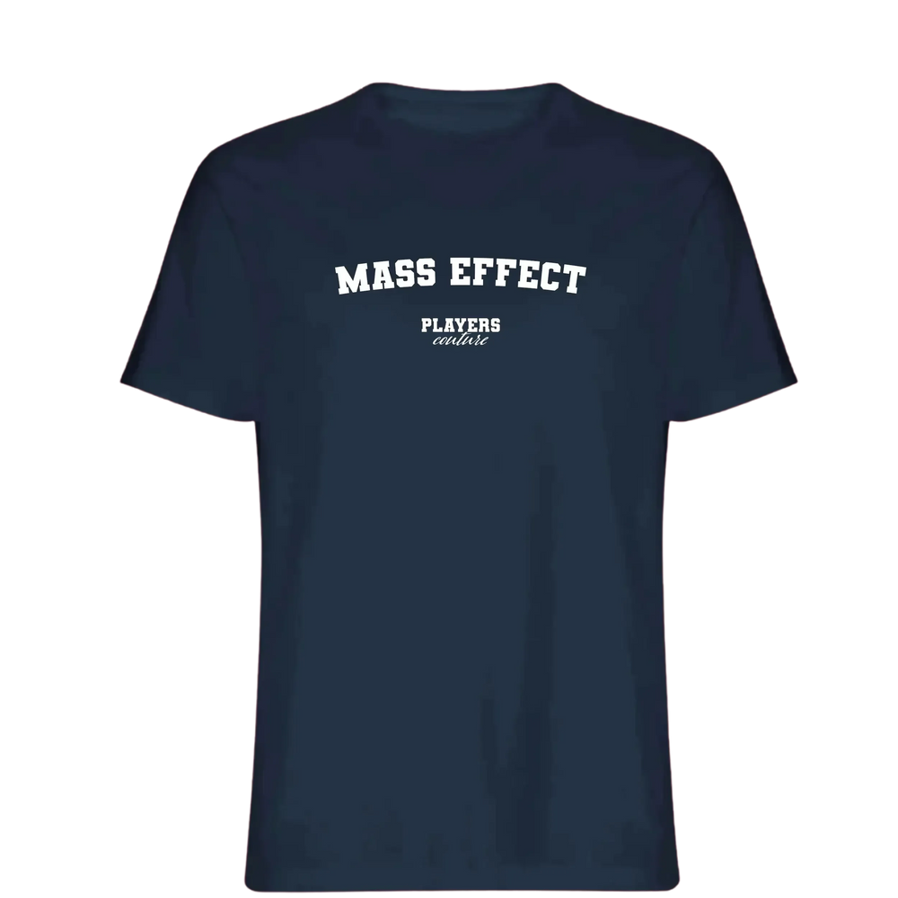 Mass Effect t-shirt – navy men's t-shirt with white Mass Effect letters and Players Couture logo on the chest