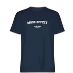Mass Effect t-shirt – navy men's t-shirt with white Mass Effect letters and Players Couture logo on the chest