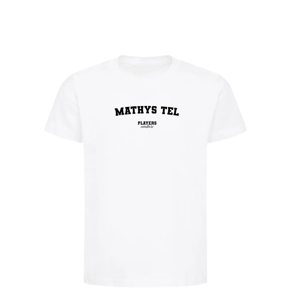 Mathys Tel t-shirt – white kids' t-shirt with black Mathys Tel letters and Players Couture logo on the chest