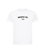 Mathys Tel t-shirt – white kids' t-shirt with black Mathys Tel letters and Players Couture logo on the chest