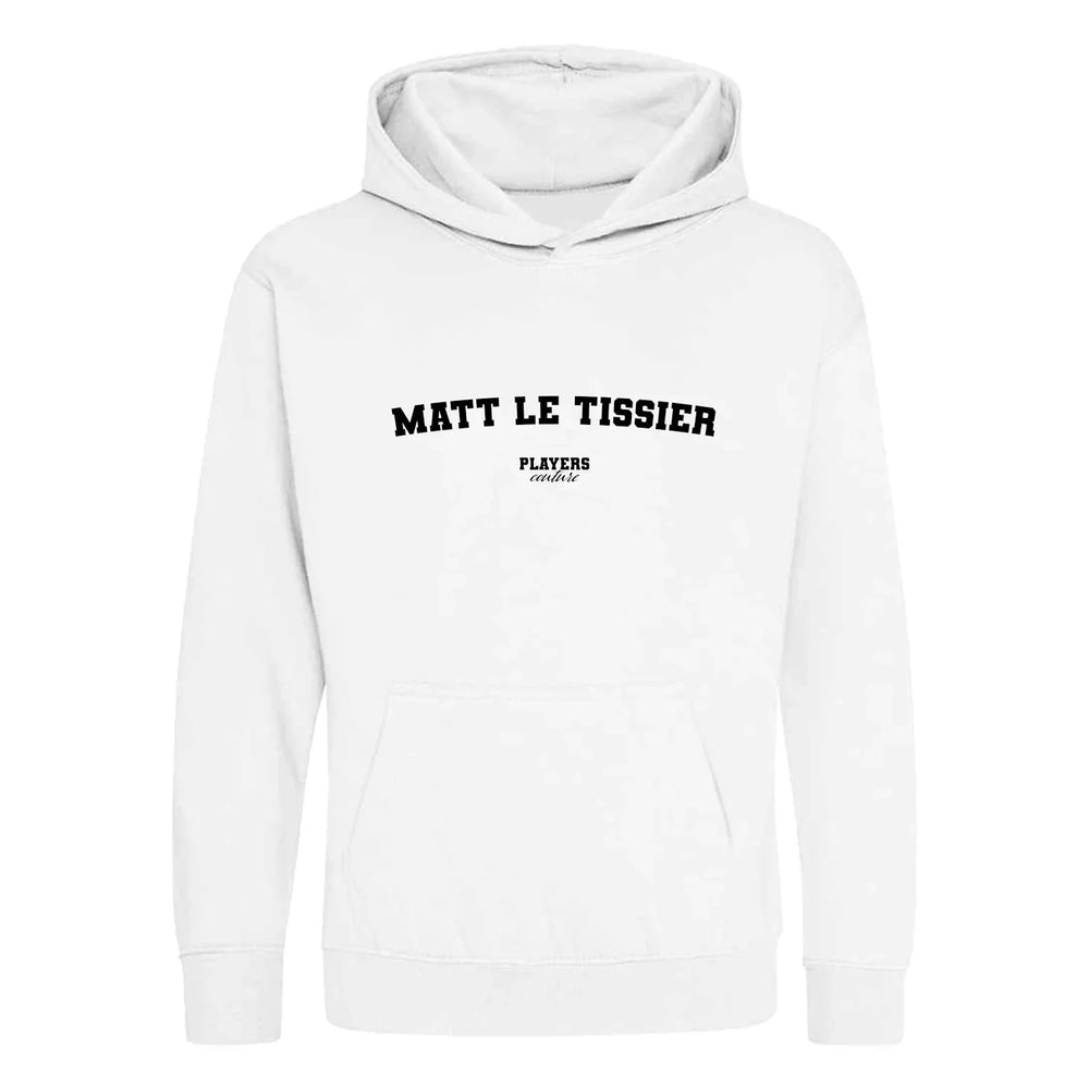 Matt Le Tissier hoodie – white kids' hoodie with black Matt Le Tissier letters and Players Couture logo on the chest