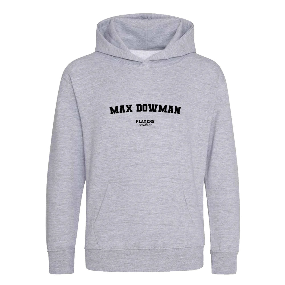 Max Dowman hoodie – grey kids' hoodie with black Max Dowman letters and Players Couture logo on the chest