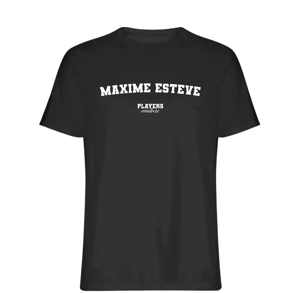 Maxime Esteve t-shirt – black men's t-shirt with white Maxime Esteve letters and Players Couture logo on the chest