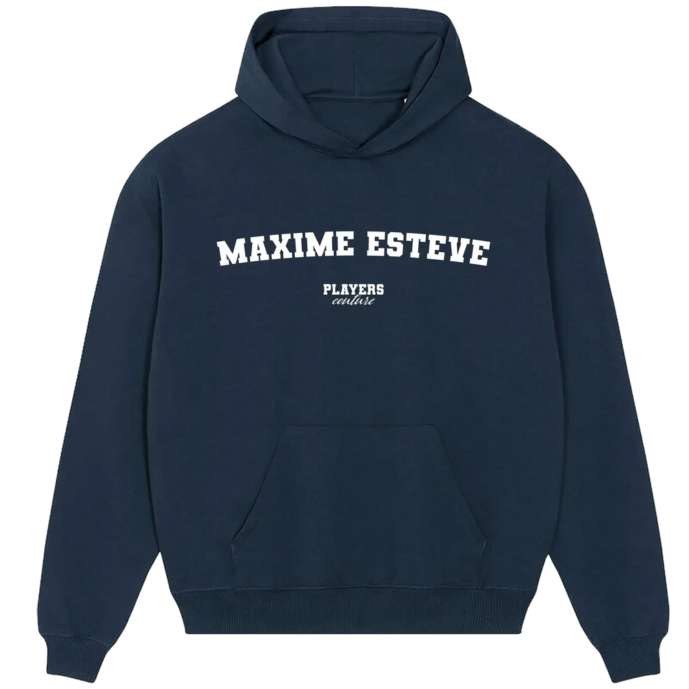Maxime Esteve hoodie – navy men's hoodie with white Maxime Esteve letters and Players Couture logo on the chest