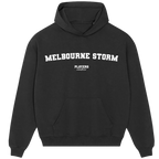 Melbourne Storm hoodie – black men's hoodie with white Melbourne Storm letters and Players Couture logo on the chest
