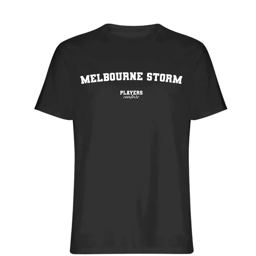 Melbourne Storm t-shirt – black men's t-shirt with white Melbourne Storm letters and Players Couture logo on the chest