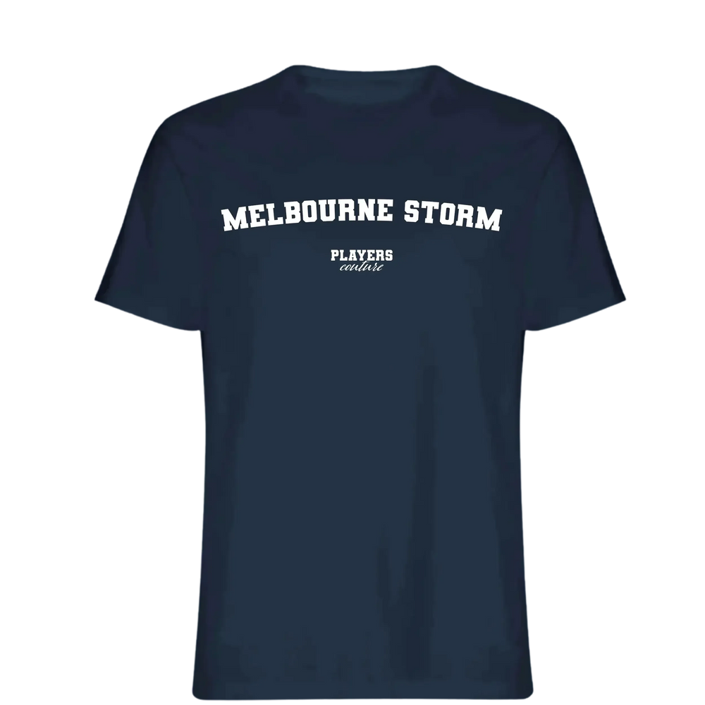 Melbourne Storm t-shirt – navy men's t-shirt with white Melbourne Storm letters and Players Couture logo on the chest