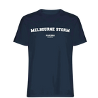 Melbourne Storm t-shirt – navy men's t-shirt with white Melbourne Storm letters and Players Couture logo on the chest