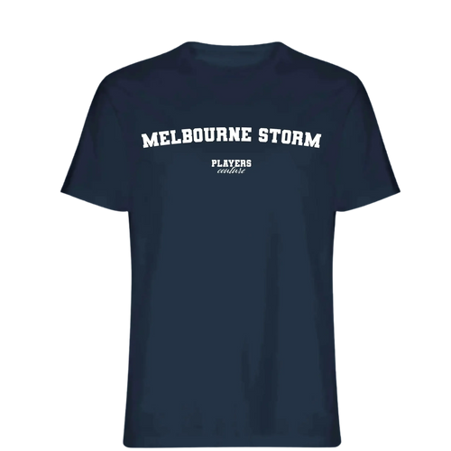 Melbourne Storm t-shirt – navy men's t-shirt with white Melbourne Storm letters and Players Couture logo on the chest