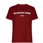 Melbourne Storm t-shirt – red men's t-shirt with white Melbourne Storm letters and Players Couture logo on the chest