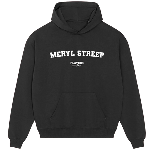 Meryl Streep hoodie – black men's hoodie with white Meryl Streep letters and Players Couture logo on the chest