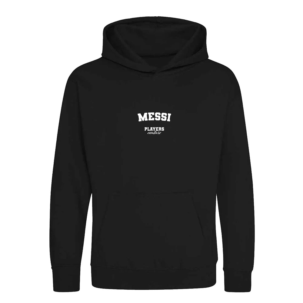 Messi hoodie – black kids' hoodie with white Messi letters and Players Couture logo on the chest
