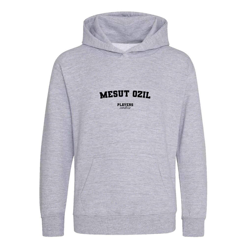 Mesut Ozil hoodie – grey kids' hoodie with black Mesut Ozil letters and Players Couture logo on the chest