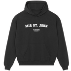 Mia St. John hoodie – black men's hoodie with white Mia St. John letters and Players Couture logo on the chest