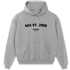 Mia St. John hoodie – grey men's hoodie with black Mia St. John letters and Players Couture logo on the chest