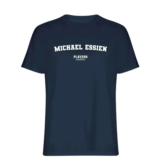 Michael Essien t-shirt – navy men's t-shirt with white Michael Essien letters and Players Couture logo on the chest