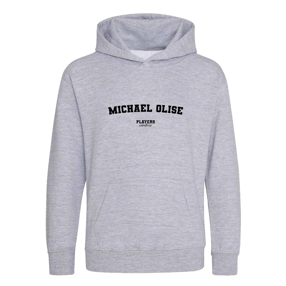 Michael Olise hoodie – grey kids' hoodie with black Michael Olise letters and Players Couture logo on the chest