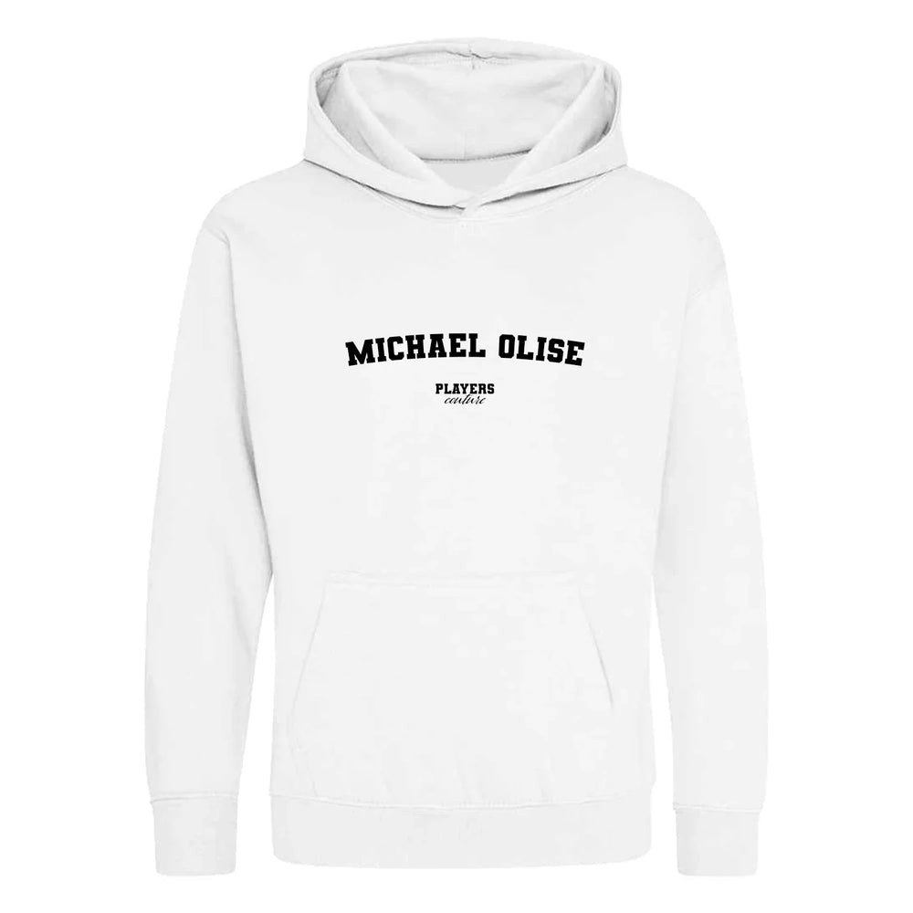 Michael Olise hoodie – white kids' hoodie with black Michael Olise letters and Players Couture logo on the chest