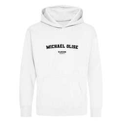 Michael Olise hoodie – white kids' hoodie with black Michael Olise letters and Players Couture logo on the chest