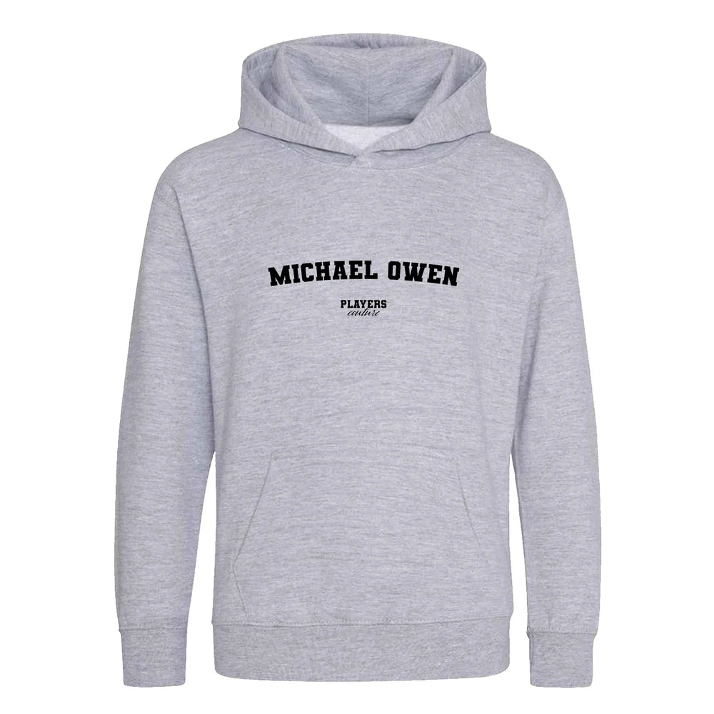Michael Owen hoodie – grey kids' hoodie with black Michael Owen letters and Players Couture logo on the chest