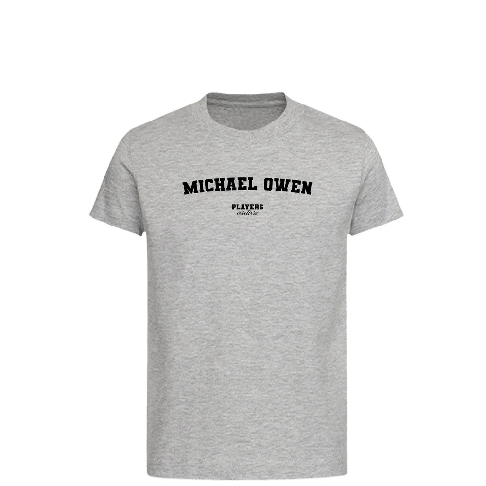 Michael Owen t-shirt – grey kids' t-shirt with black Michael Owen letters and Players Couture logo on the chest