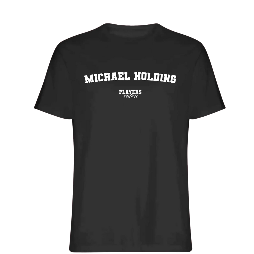 Michael Holding t-shirt – black men's t-shirt with white Michael Holding letters and Players Couture logo on the chest