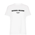 Michael Holding t-shirt – white men's t-shirt with black Michael Holding letters and Players Couture logo on the chest