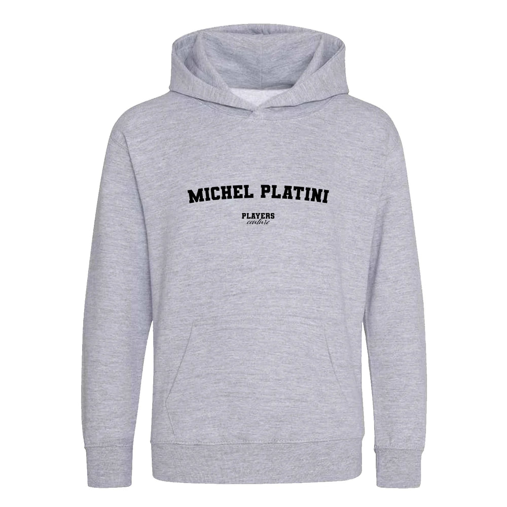Michel Platini hoodie – grey kids' hoodie with black Michel Platini letters and Players Couture logo on the chest