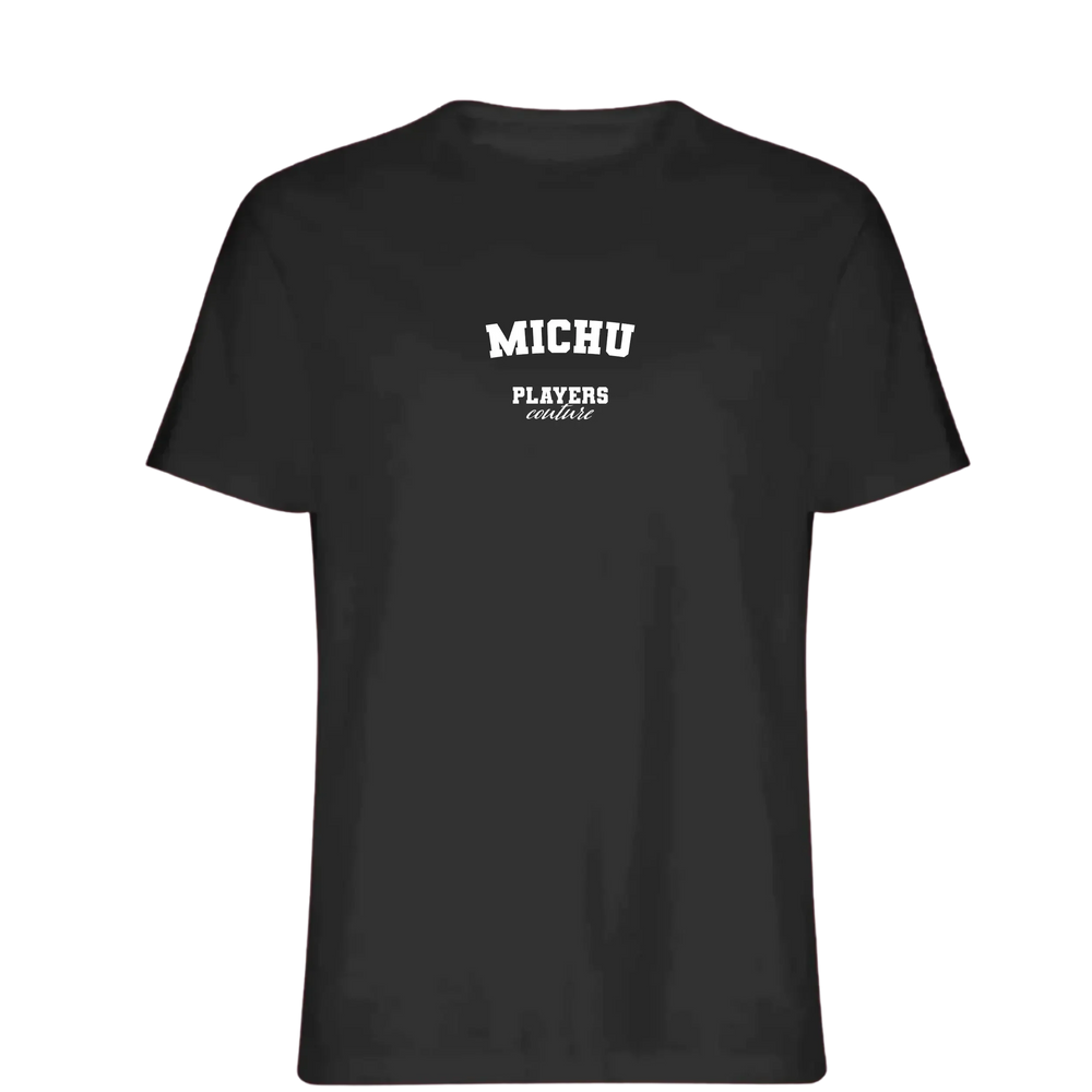 Michu t-shirt – black men's t-shirt with white Michu letters and Players Couture logo on the chest