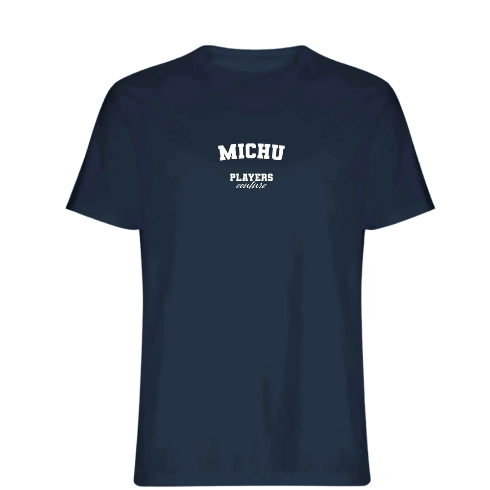 Michu t-shirt – navy men's t-shirt with white Michu letters and Players Couture logo on the chest