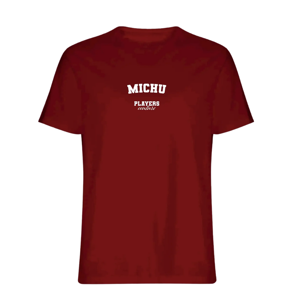 Michu t-shirt – red men's t-shirt with white Michu letters and Players Couture logo on the chest