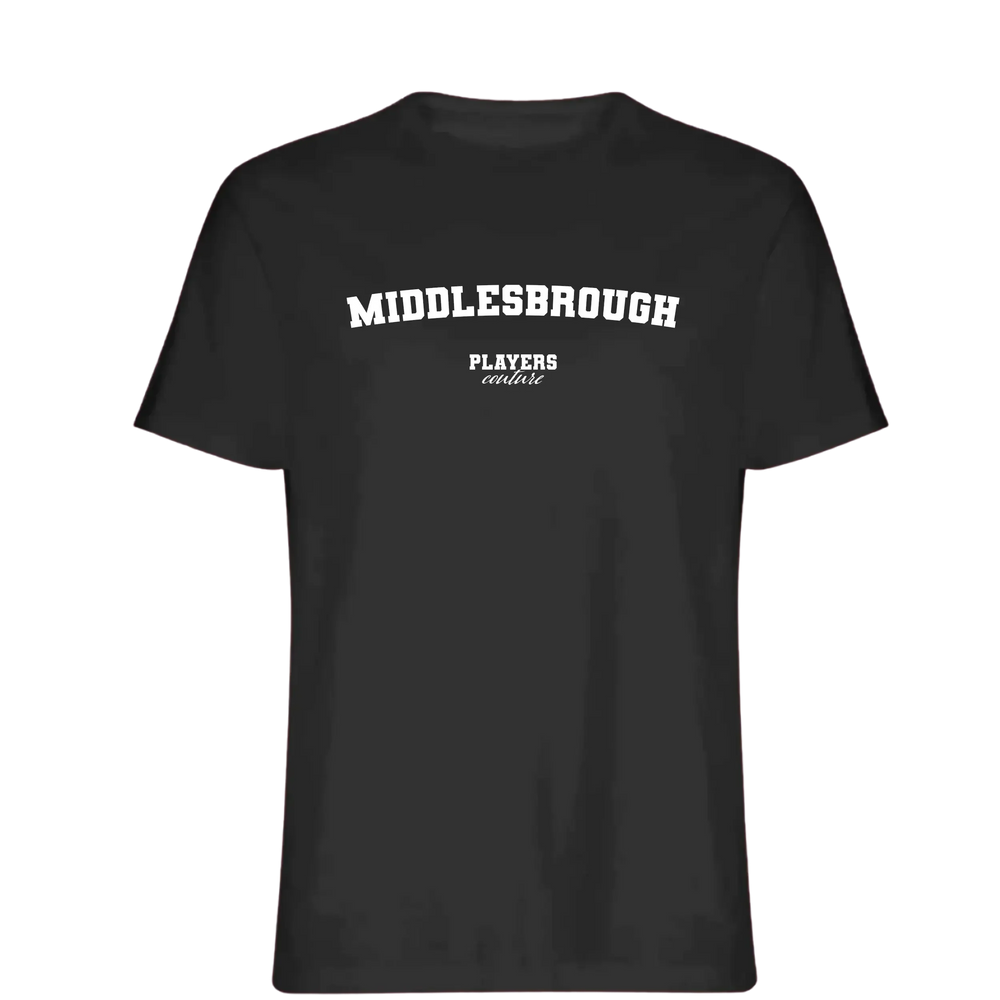 Middlesbrough t-shirt – black men's t-shirt with white Middlesbrough letters and Players Couture logo on the chest