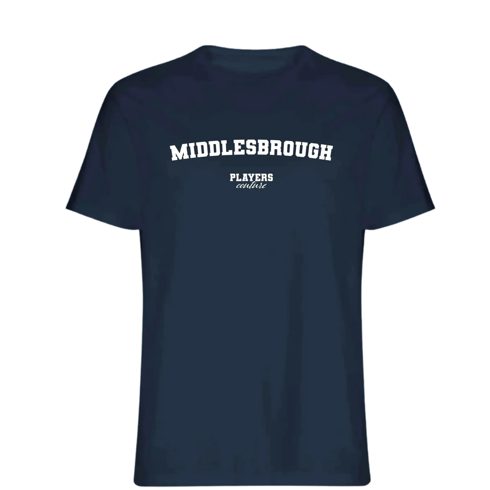 Middlesbrough t-shirt – navy men's t-shirt with white Middlesbrough letters and Players Couture logo on the chest