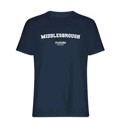 Middlesbrough t-shirt – navy men's t-shirt with white Middlesbrough letters and Players Couture logo on the chest
