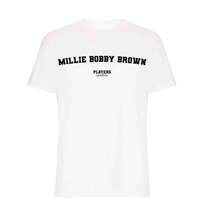 Millie Bobby Brown t-shirt – brown men's t-shirt with white Millie Bobby Brown letters and Players Couture logo on the chest