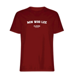 Min Woo Lee t-shirt – red men's t-shirt with white Min Woo Lee letters and Players Couture logo on the chest