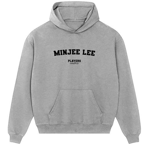 Minjee Lee hoodie – grey men's hoodie with black Minjee Lee letters and Players Couture logo on the chest