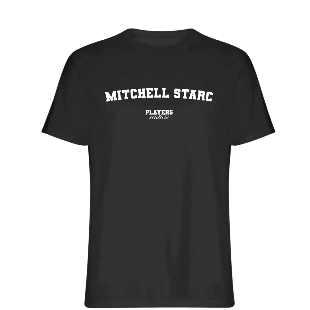 Mitchell Starc t-shirt – black men's t-shirt with white Mitchell Starc letters and Players Couture logo on the chest